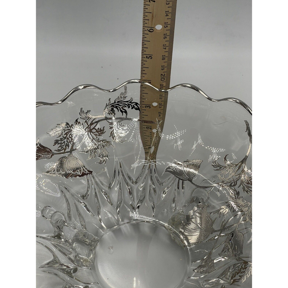 Vtg Art Deco Clear Glass Centerpiece Fruit Footed Bowl Silver Floral Accents MCM - Picture 8 of 9